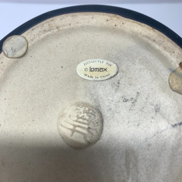 Lemax Shiwan Vintage Pottery Vase Two Handled Jug Geometric Cobalt Blue Cream - Picture 6 of 6